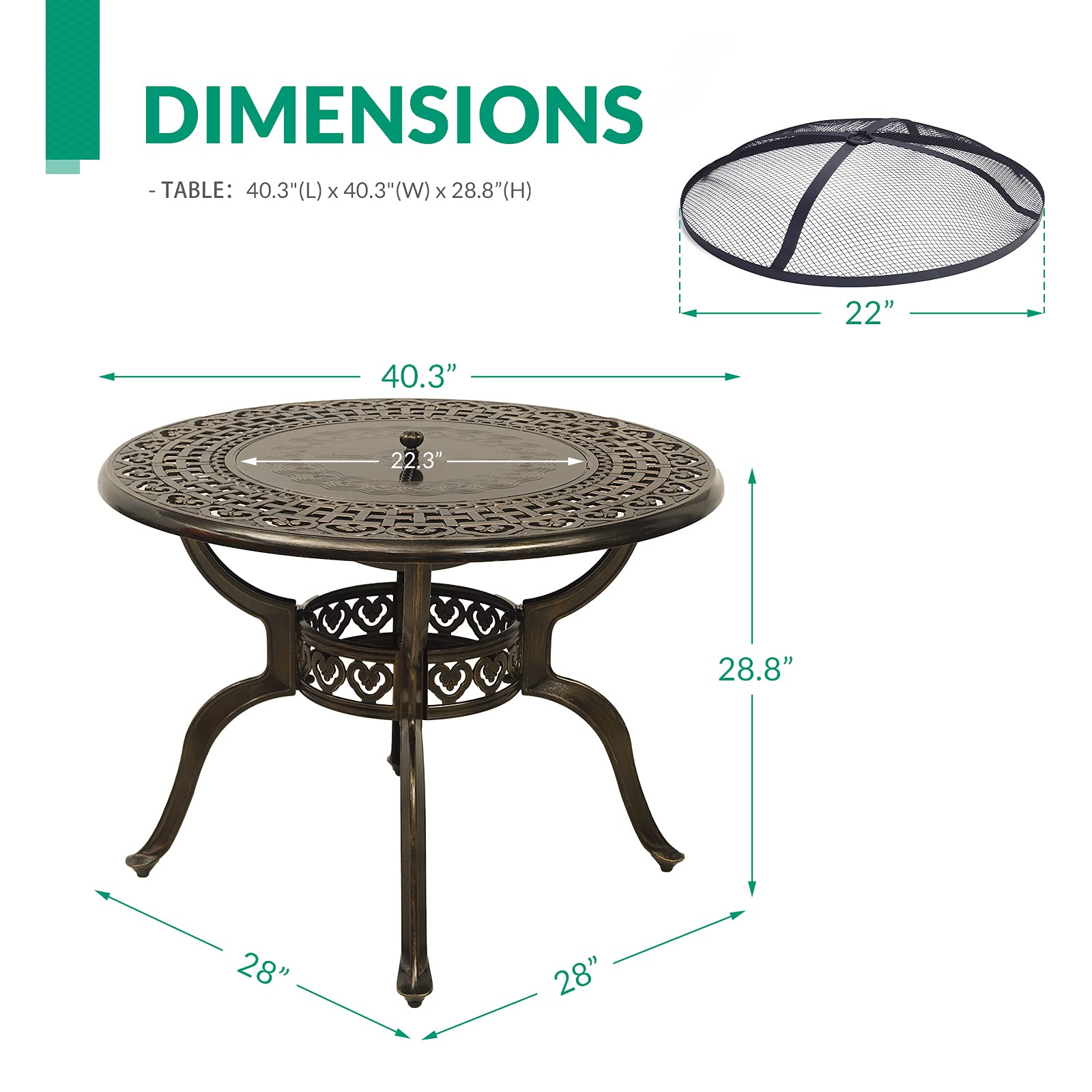 VIVIJASON 40.3" Patio Round Fire Pit Dining Table Charcoal/Wood Burning Outdoor Cast Aluminum Furniture Table with Fire Bowl, Cooking BBQ Grill, Wood Grate, Spark Screen and Poker for Backyard Lawn