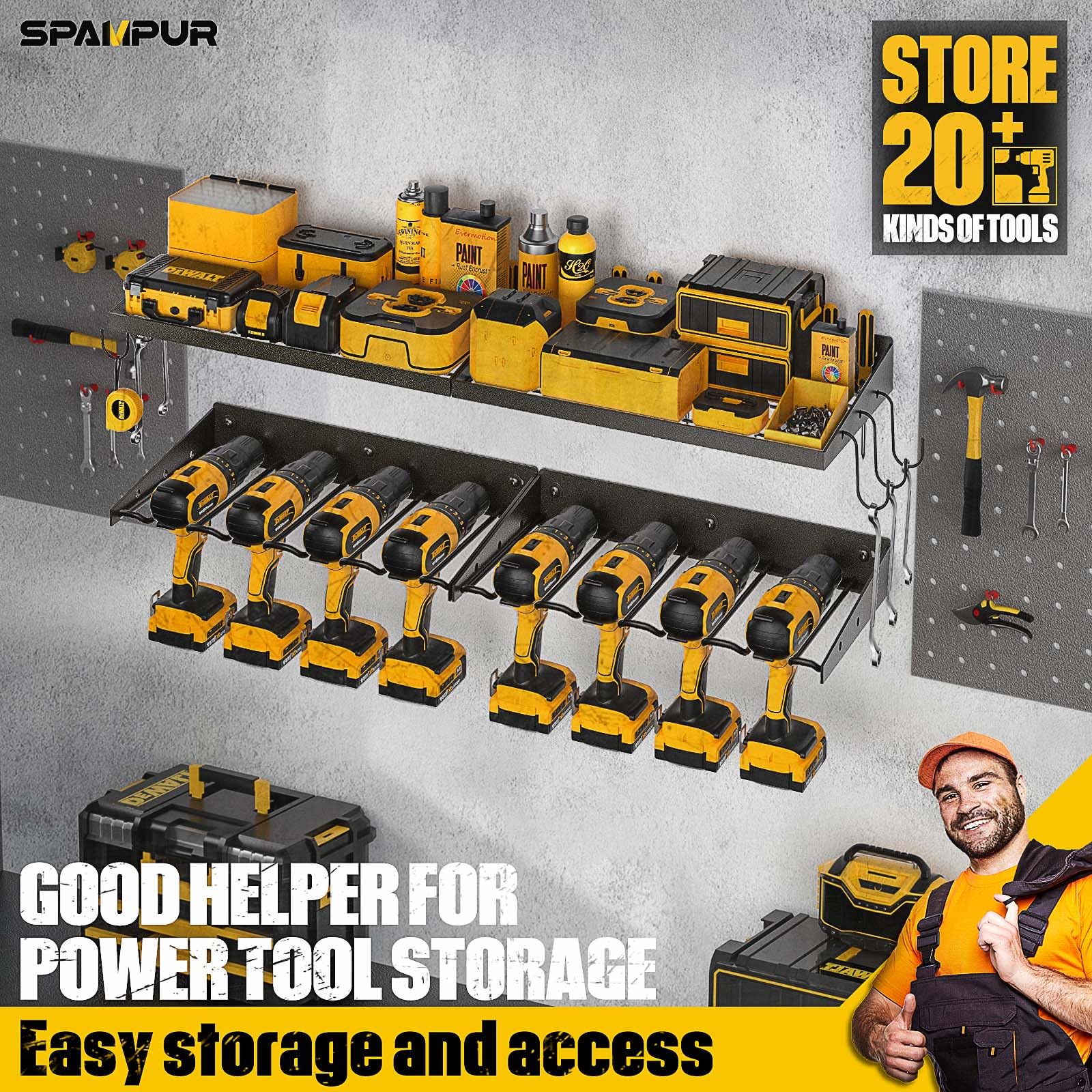 Spampur Power Tool Organizer with Charging Station, Tool Storage Rack for Garage Organization, Wall Mount Cordless Drill Holder and Battery Shelf, Heavy Duty Utility Racks 2 pack 4 set