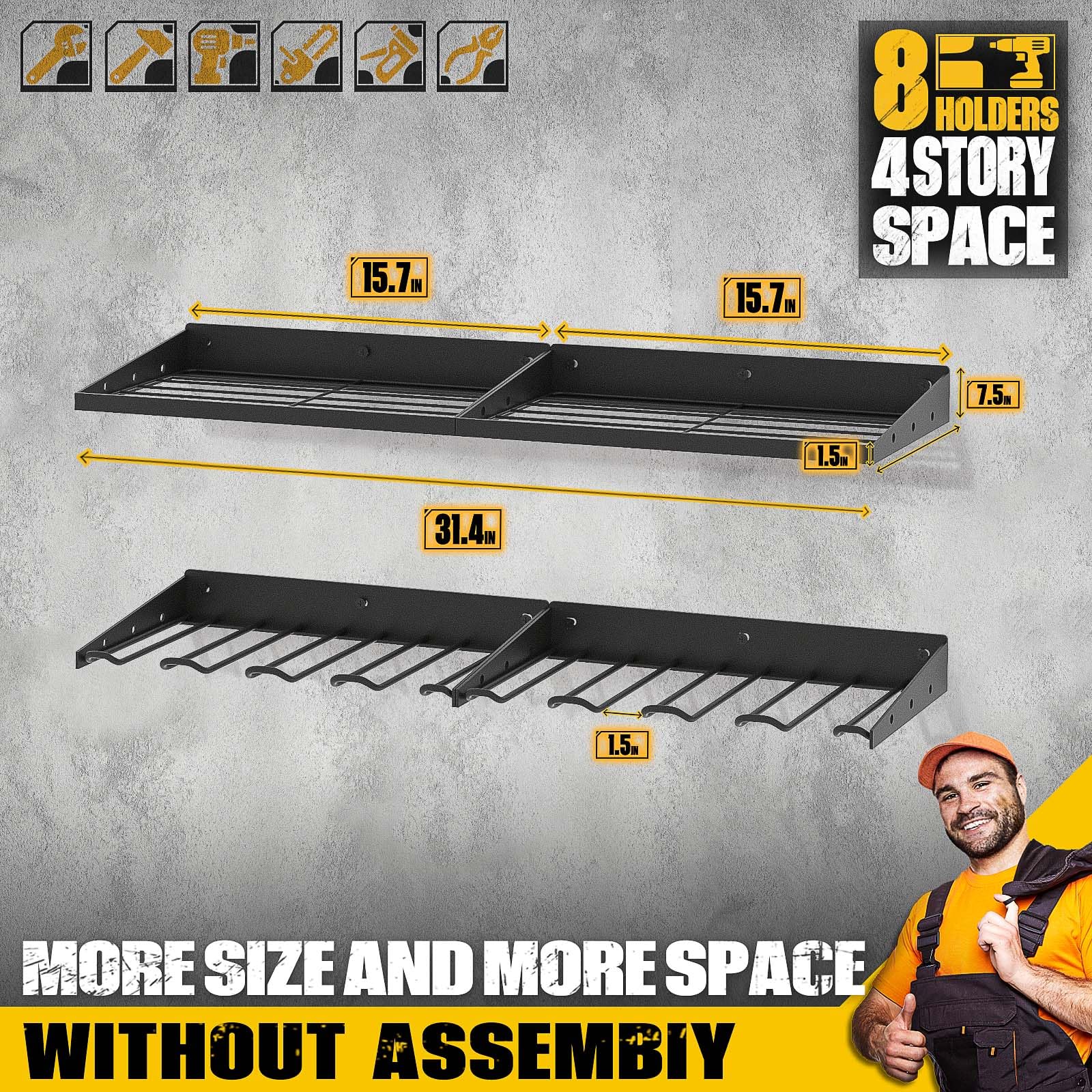 Spampur Power Tool Organizer with Charging Station, Tool Storage Rack for Garage Organization, Wall Mount Cordless Drill Holder and Battery Shelf, Heavy Duty Utility Racks 2 pack 4 set