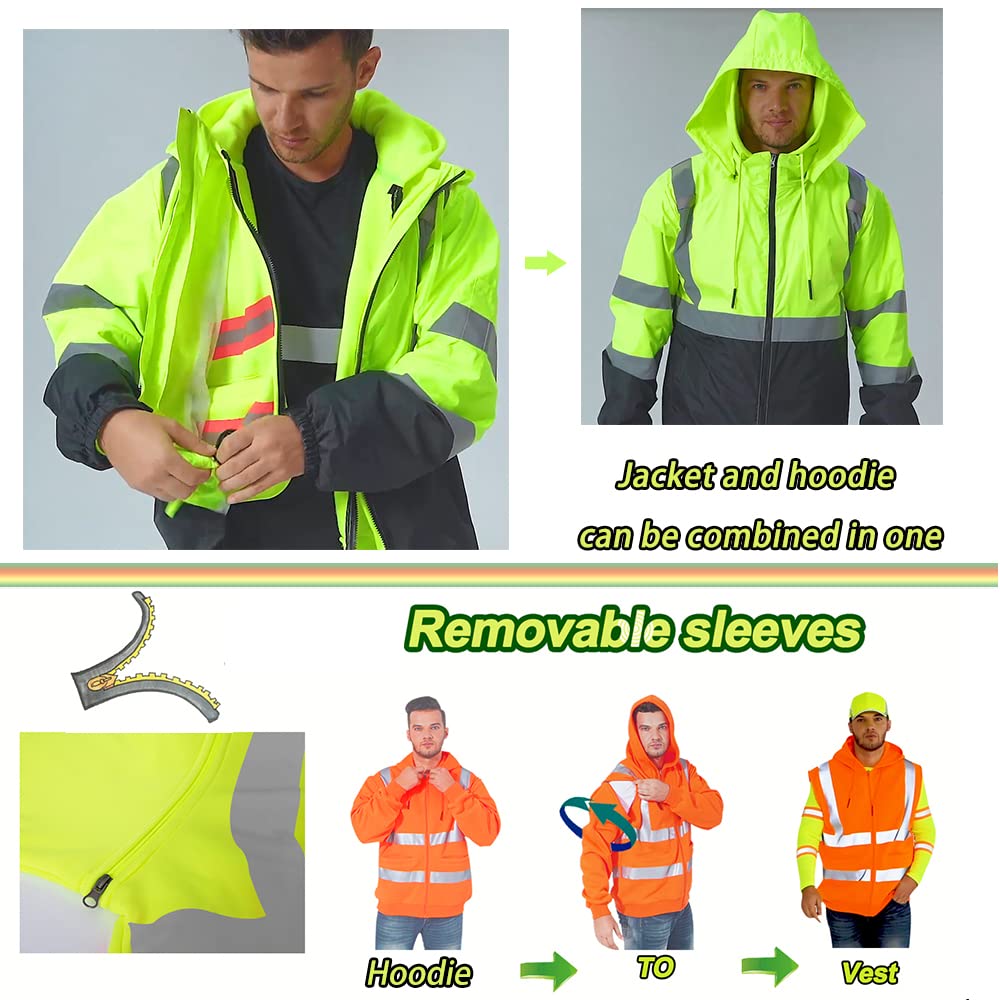 YOWESHOP High Visibility Reflective Winter Bomber Safety Jacket Waterproof Reflective Jacket for Men Hi Vis Construction Jackets(Yellow，L)