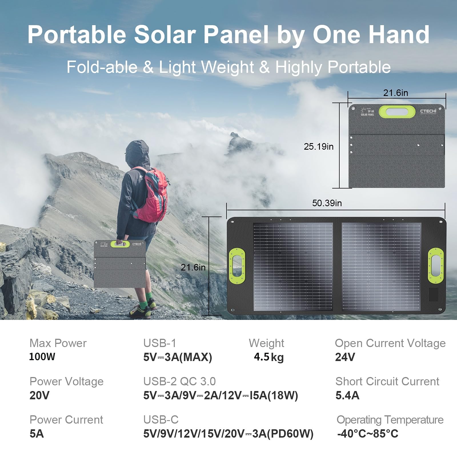 Solar Panel 100W, Foldable Solar Charger Kit, IP67 Waterproof for Portable Power Station, Off-Grid Power, Outdoor Adventures and Emergency
