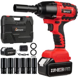 aiment cordless impact wrench 1/2 inch, 550 ft-lbs max torque(700nm), 21v 3000rpm brushless power impact gun, 4.0ah li-ion battery with fast charger, 6pcs sockets, electric impact driver for car home