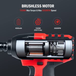 Aiment Cordless Impact Wrench 1/2 inch, 550 Ft-lbs Max Torque(700NM), 21V 3000RPM Brushless Power Impact Gun, 4.0Ah Li-ion Battery with Fast Charger, 6Pcs Sockets, Electric Impact Driver for Car Home