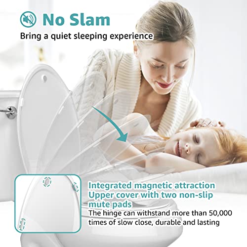 Elongated Toilet Seat with Toddler Seat Built In, Slow Close, Quick Release, Never Loosen, Heavy Duty, White