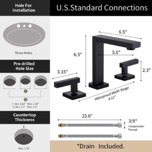 Taucent Black Bathroom Sink Faucet 3-Hole,Modern 8-Inch Bathroom Vanity Faucet 2-Handle Widespread Touch On Bathroom with Overflow Pop Up Drain