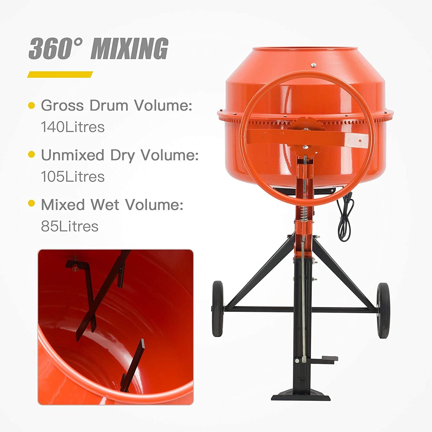 TABU 5 Cu Ft Electric Concrete Cement Mixer, 4/5HP Mortar Mixing for Stucco/Seeds, Portable Wheelbarrow Machine(Orange)