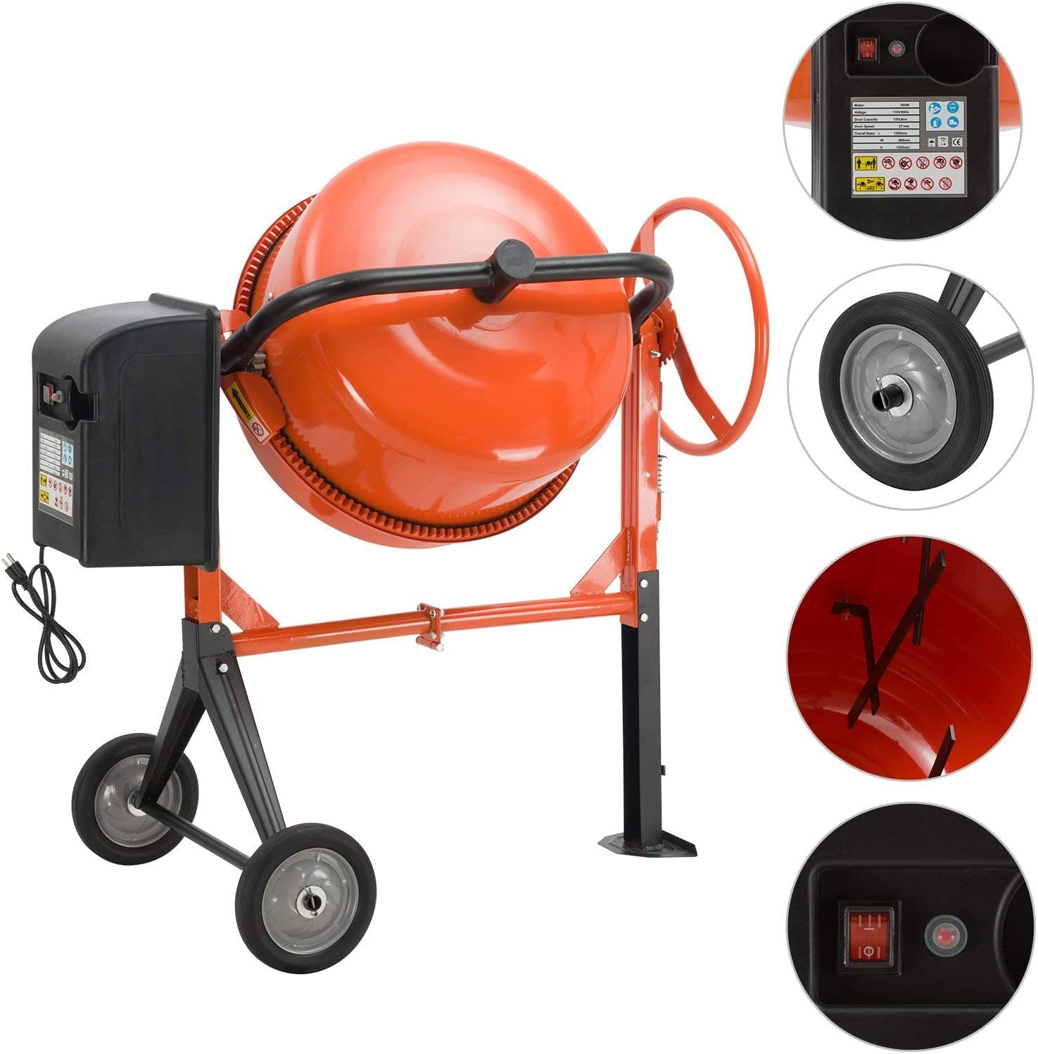 TABU 5 Cu Ft Electric Concrete Cement Mixer, 4/5HP Mortar Mixing for Stucco/Seeds, Portable Wheelbarrow Machine(Orange)