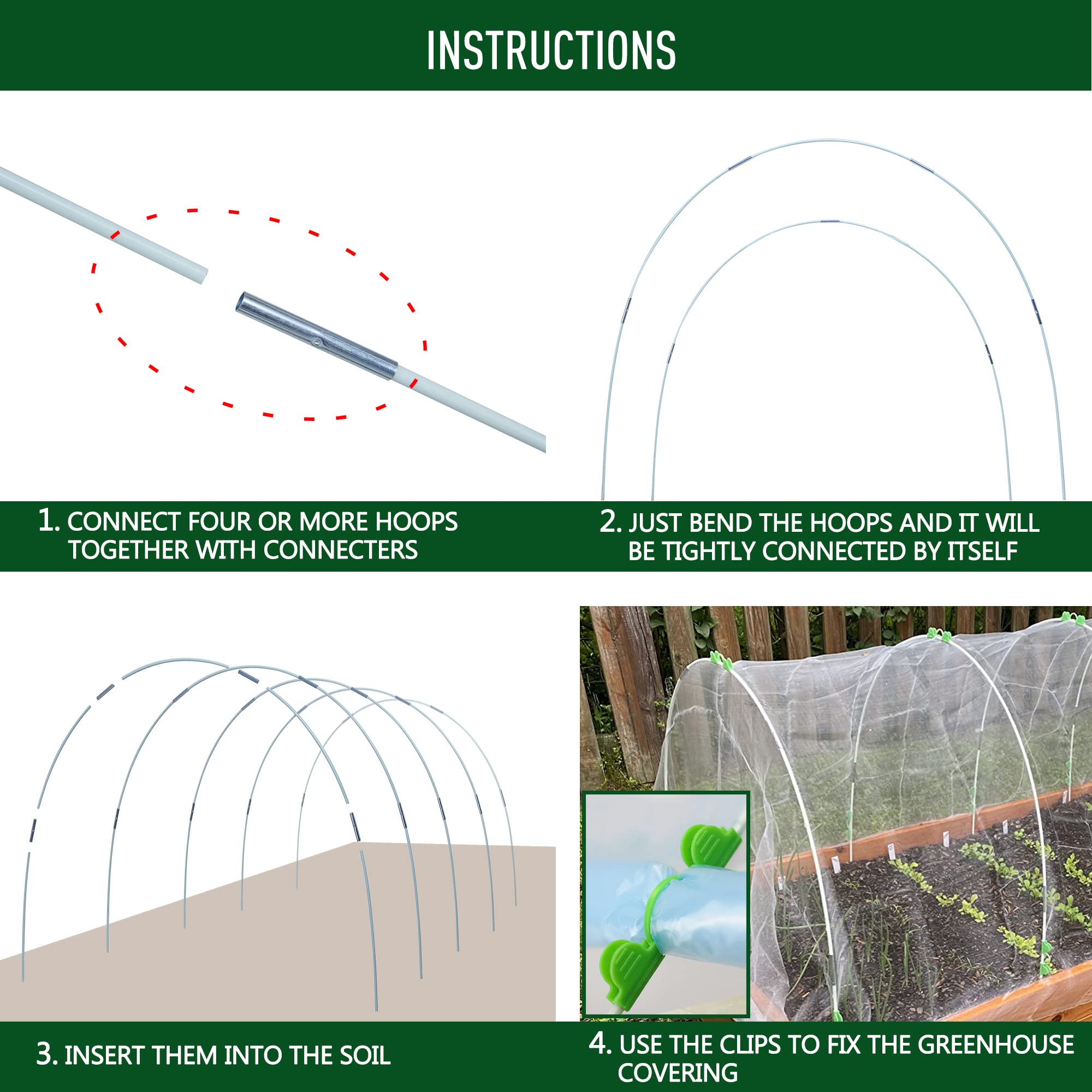 MAXPACE Garden Greenhouse Hoops Grow Tunnel up to 10 Sets of 7ft Long Rust-Free Fiberglass Support Hoops Frame for Garden Fabric, DIY Plant Support Garden Stakes, Gardening Supplies, 50pcs