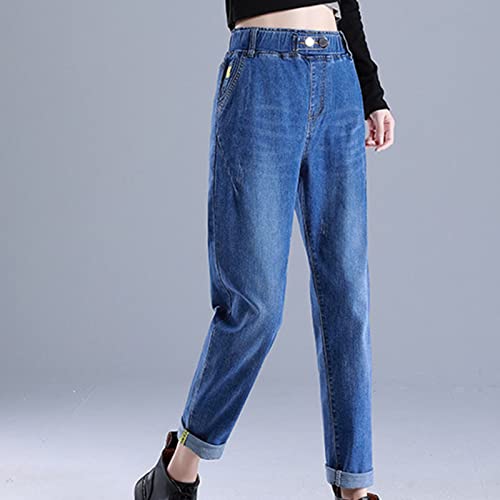 Maiyifu-GJ Women's Elastic Waist Cropped Jeans Casual Pull-on Baggy Denim Joggers Pants High Waist Boyfriend Slim Fit Jean (Blue,33)