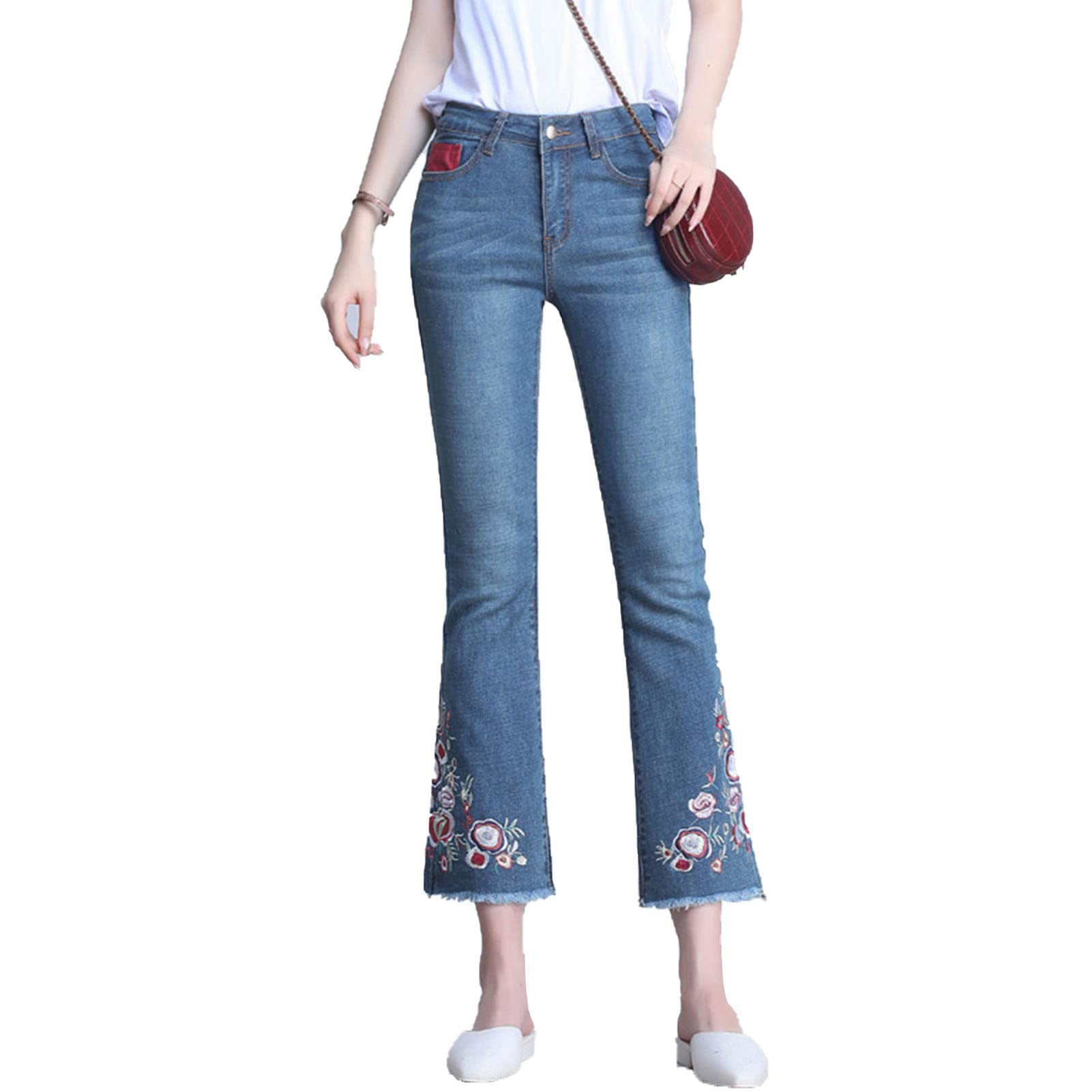 Women Floral Embroidered Skinny Flare Ankle Jeans High Waist Bell Bottom Denim Pants Washed Destroyed Raw Hem Jean (Blue,31)