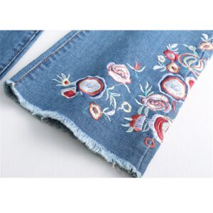 Women Floral Embroidered Skinny Flare Ankle Jeans High Waist Bell Bottom Denim Pants Washed Destroyed Raw Hem Jean (Blue,31)