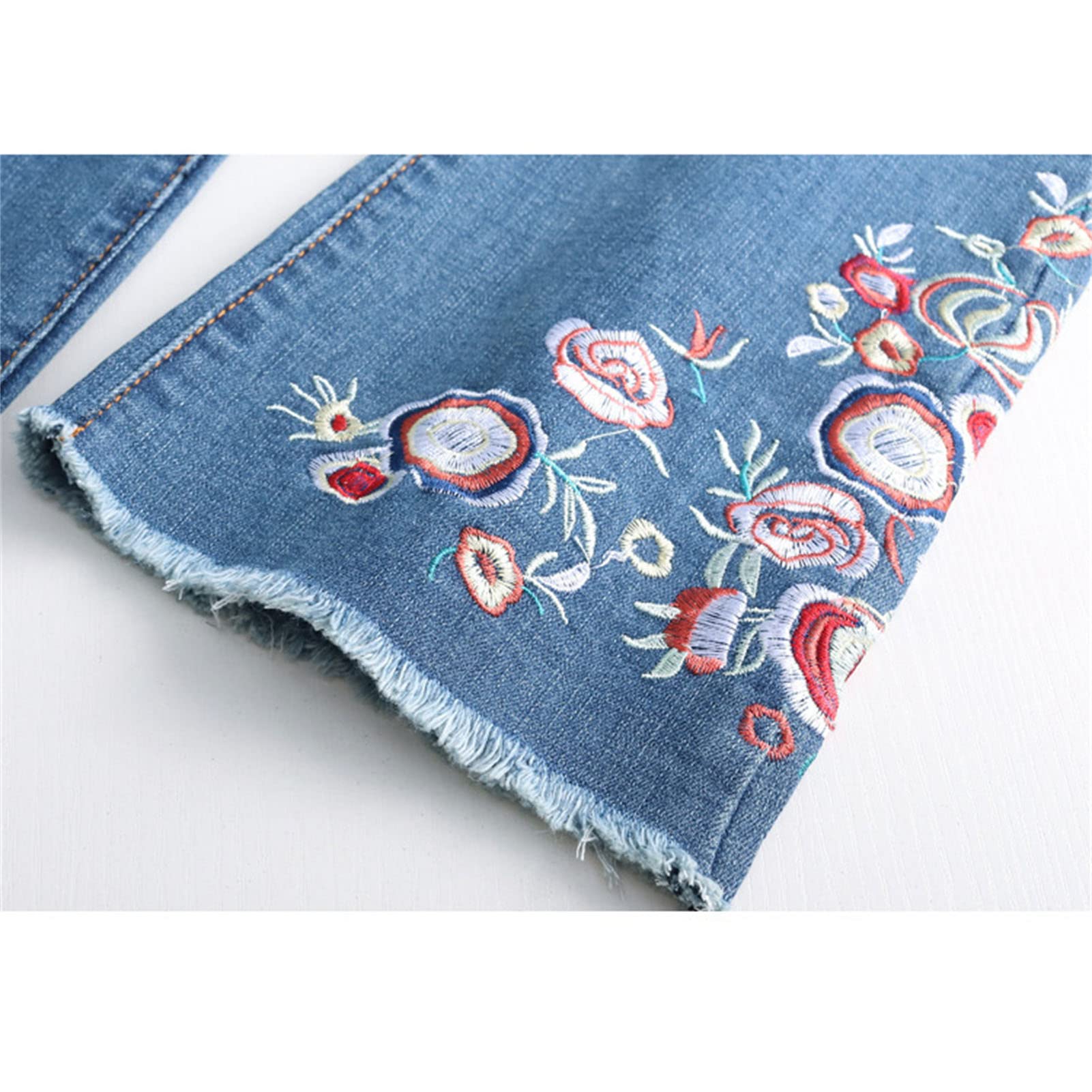 Women Floral Embroidered Skinny Flare Ankle Jeans High Waist Bell Bottom Denim Pants Washed Destroyed Raw Hem Jean (Blue,31)