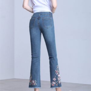 Women Floral Embroidered Skinny Flare Ankle Jeans High Waist Bell Bottom Denim Pants Washed Destroyed Raw Hem Jean (Blue,31)