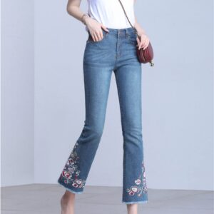 Women Floral Embroidered Skinny Flare Ankle Jeans High Waist Bell Bottom Denim Pants Washed Destroyed Raw Hem Jean (Blue,31)