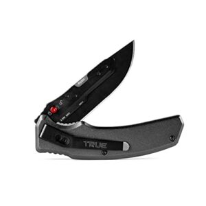 true swift edge replaceable blade knife, compact utility knife with five replacement blades, durable grip handle, and convenient blade storage case, black