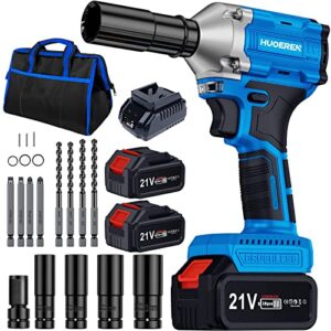 huoeren electric cordless impact wrench 1/2 inch,480ft-lbs(650n.m) high torque battery impact wrench,21v brushless impact gun set with 2x4.0ah battery,4 sockets,4 drills and 4 screws for car & home