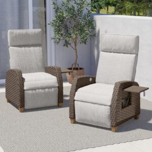 grand patio indoor & outdoor 2-piece reclining chairs with extended footrest, pe wicker, adjustable patio lounge recliner up to 150°, with flip side table - mist grey