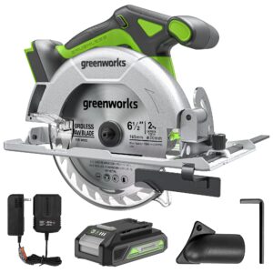 greenworks 24v brushless 6-1/2" circular saw kit, 4,800 rpm, adjustable cutting depth 45°/90°, with 24v 2ah battery and charger