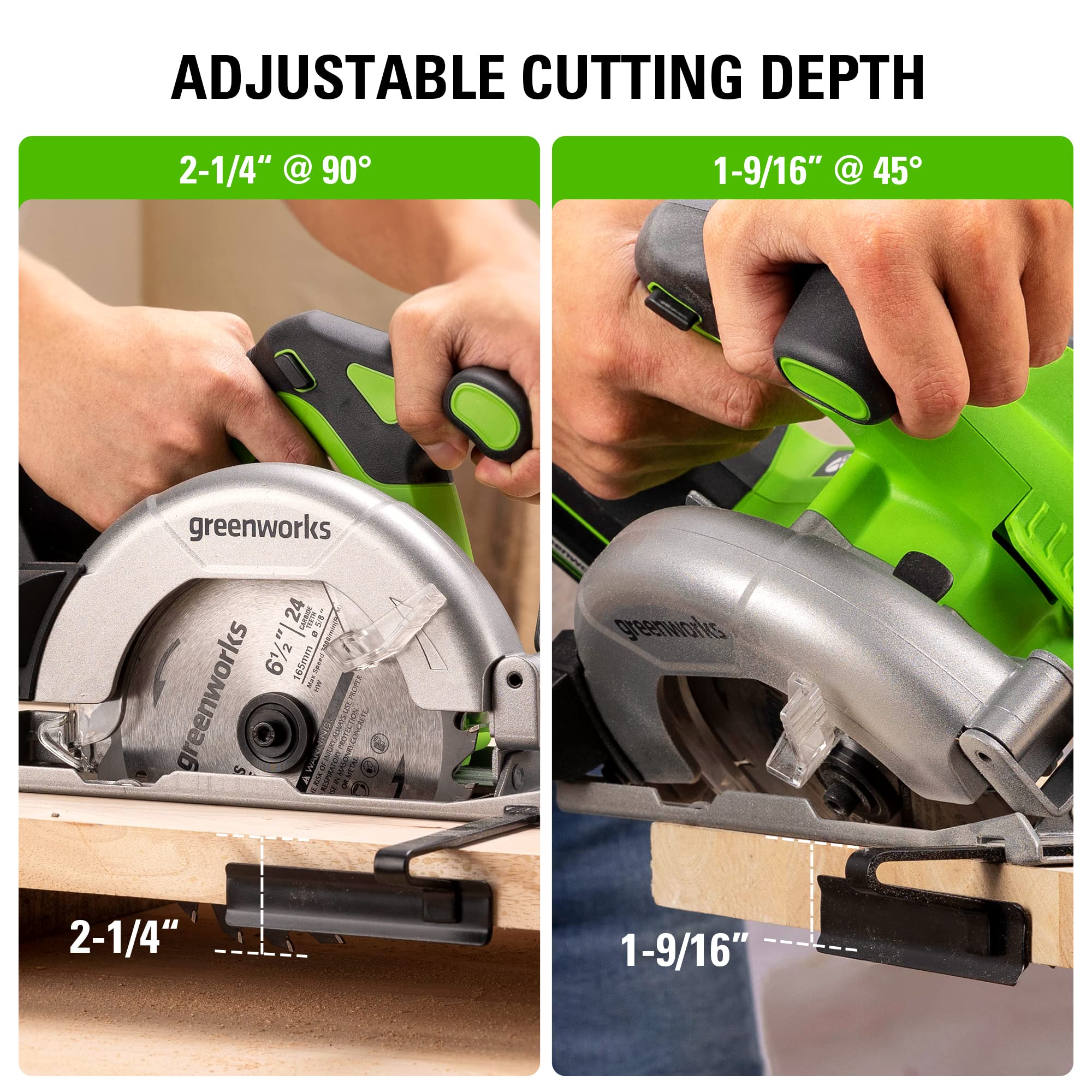 Greenworks 24V Brushless 6-1/2" Circular Saw Kit, 4,800 RPM, Adjustable Cutting Depth 45°/90°, With 24V 2Ah Battery and Charger