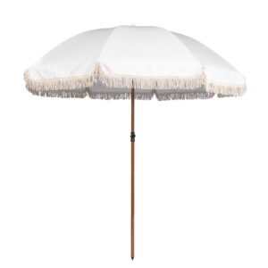 funsite 7.5ft patio beach umbrella with fringe, tassel umbrella upf50+ with push botton tilt & crank, holiday outdoor umbrella with carry bag ideal for garden, lawn, deck, yard&pool, white