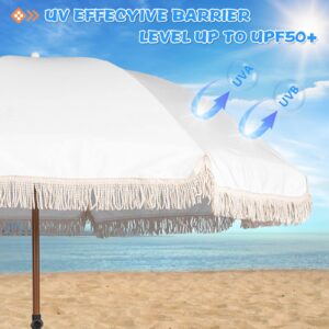 Funsite 7.5Ft Patio Beach Umbrella with Fringe, Tassel Umbrella UPF50+ with Push Botton Tilt & Crank, Holiday Outdoor Umbrella with Carry Bag Ideal for Garden, Lawn, Deck, Yard&Pool, White