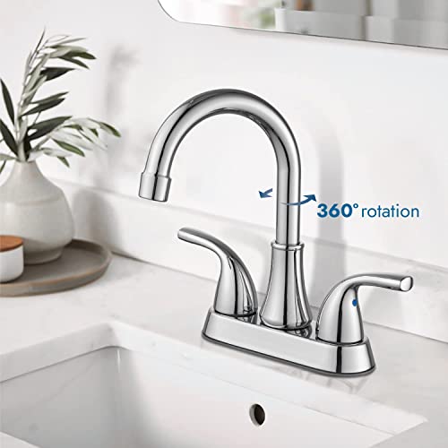 Cinwiny Bathroom Sink Faucet 4 Inch 2 Handle Bathroom Faucet 360° Swivel Spout Deck Mounted Vanity Faucet with Water Supply Hoses,Polished Chrome,Without Drain