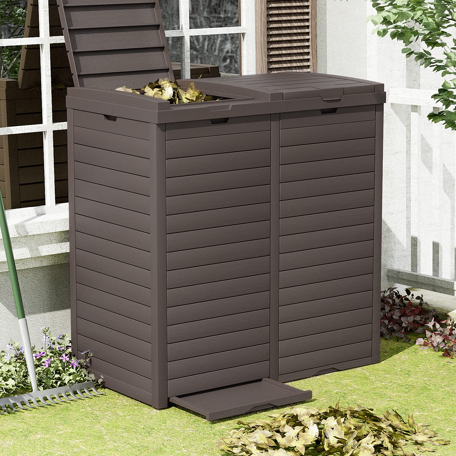 Greesum 78 Gallon Resin Outdoor Trash Can, Double Box Waste Bin with Tiered Lid, Drip Tray and Armrest for Patio, Backyard, Deck, 230 Liters, Dark Coffee