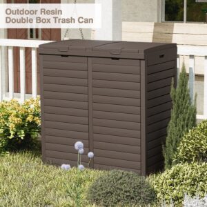 Greesum 78 Gallon Resin Outdoor Trash Can, Double Box Waste Bin with Tiered Lid, Drip Tray and Armrest for Patio, Backyard, Deck, 230 Liters, Dark Coffee