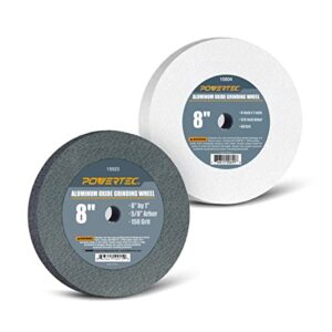 powertec 15528 bench and pedestal grinding wheels, 8 inch x 1 inch, 5/8 arbor, 150 grit & white 60 grit, aluminum oxide bench grinder wheel for grinding and sharpening cutting tools, 2 pack