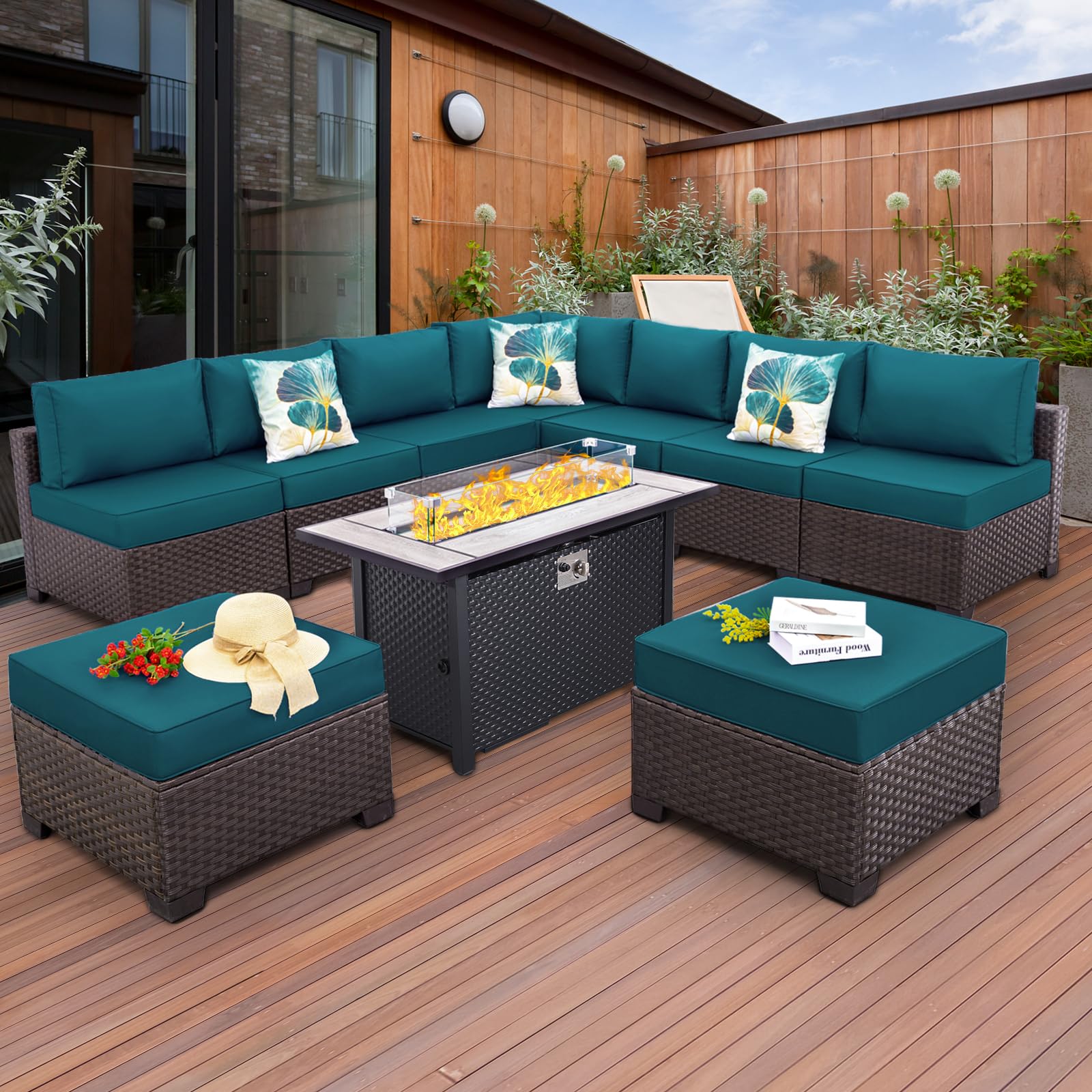 WAROOM Outdoor Patio Furniture Set Dark Brown Rattan 10 Piece Sectional Sofa PE Wicker Conversation Couch Sets with 45" Gas Fire Pit Table and Non-Slip 5" Thick Peacock Blue Cushion