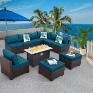 WAROOM Outdoor Patio Furniture Set Dark Brown Rattan 10 Piece Sectional Sofa PE Wicker Conversation Couch Sets with 45" Gas Fire Pit Table and Non-Slip 5" Thick Peacock Blue Cushion