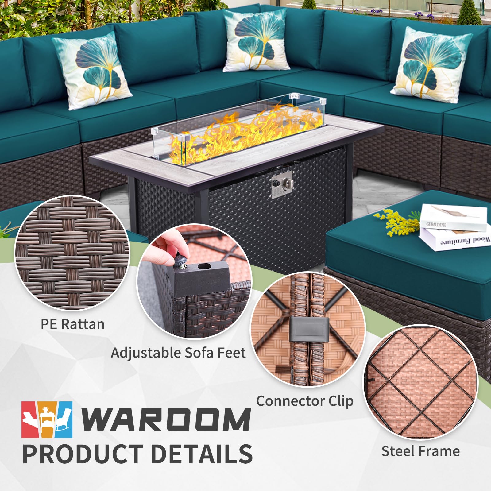 WAROOM Outdoor Patio Furniture Set Dark Brown Rattan 10 Piece Sectional Sofa PE Wicker Conversation Couch Sets with 45" Gas Fire Pit Table and Non-Slip 5" Thick Peacock Blue Cushion