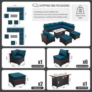 WAROOM Outdoor Patio Furniture Set Dark Brown Rattan 10 Piece Sectional Sofa PE Wicker Conversation Couch Sets with 45" Gas Fire Pit Table and Non-Slip 5" Thick Peacock Blue Cushion
