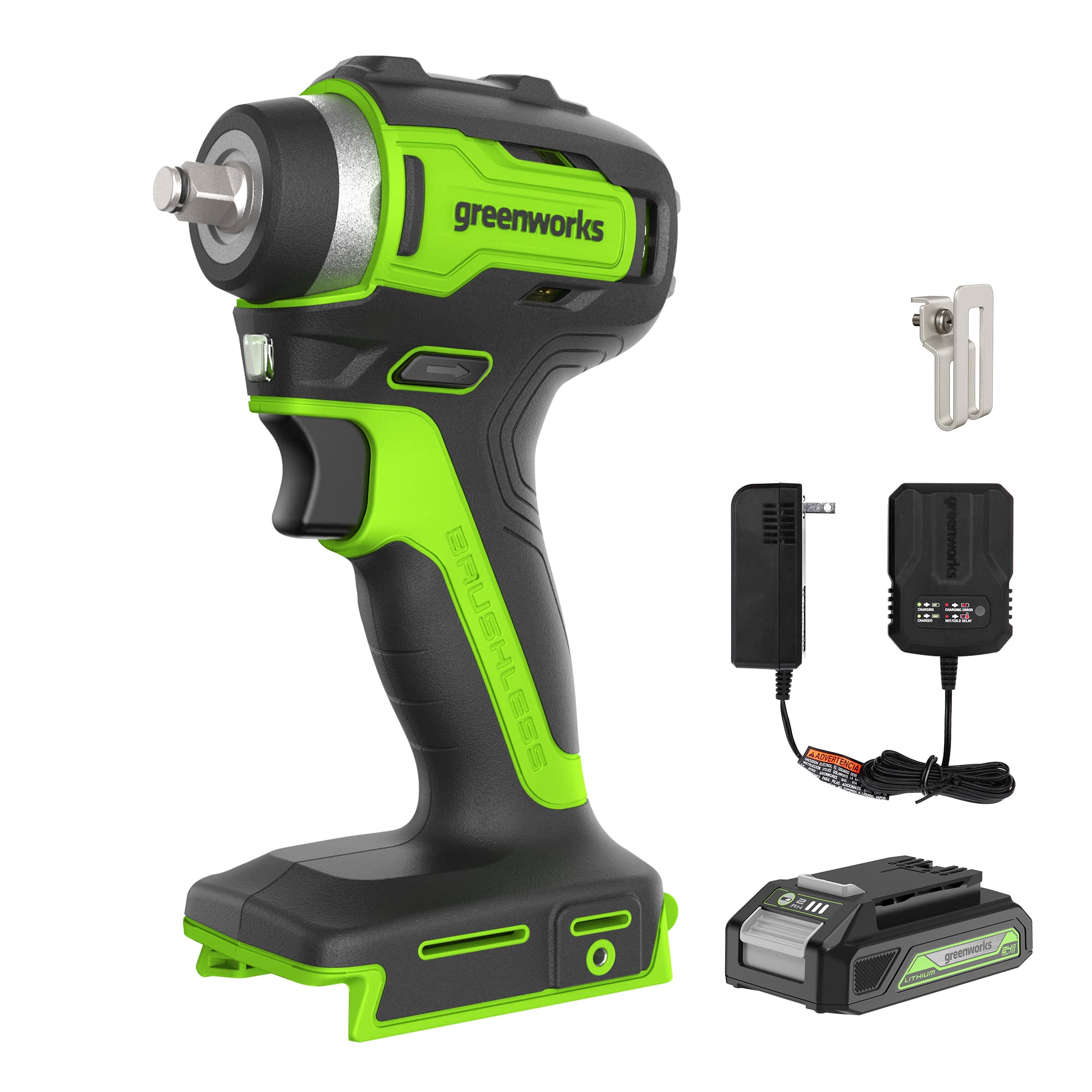 Greenworks 24V 3/8" Brushless Cordless Impact Wrench, 2.0Ah Battery and Compact Charger Included