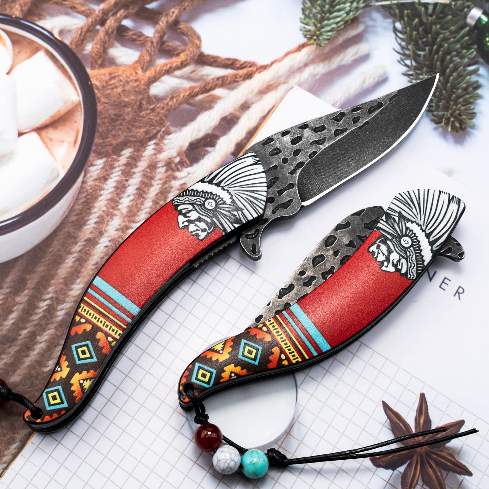 VALHALLA Pocket Folding Knife, Vintage Art Native American Outdoor Folding Knife,Survival Knife With 3D Retro Embossed Pattern, Cool EDC Pocket Knife, Gift For Men