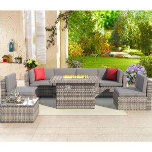 aoxun 8pcs patio furniture set with 40" fire pit table outdoor sectional sofa set wicker furniture set with coffee table (grey wicker)