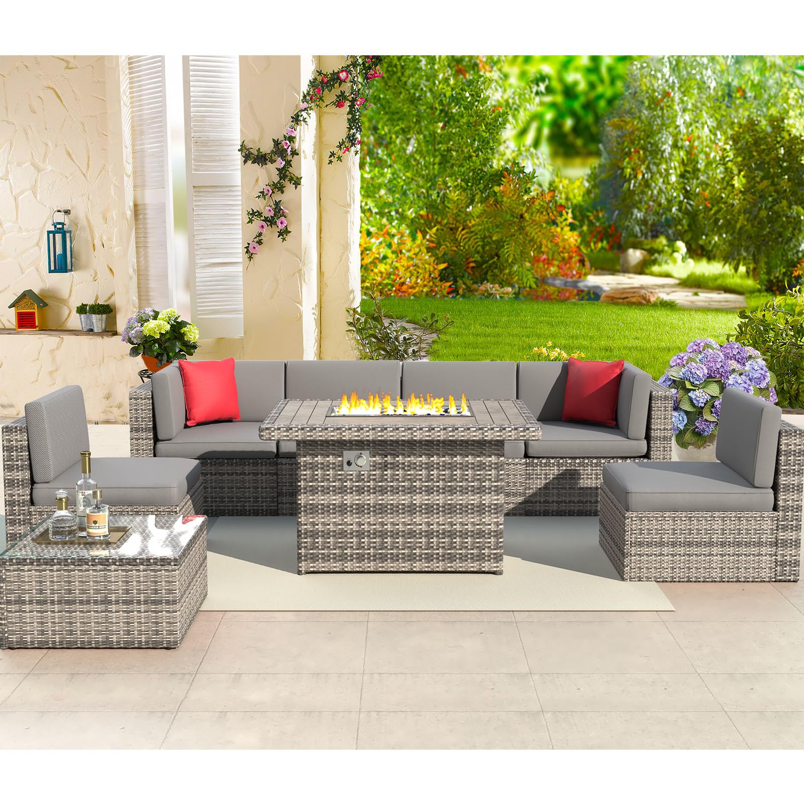 Aoxun 8PCS Patio Furniture Set with 40" Fire Pit Table Outdoor Sectional Sofa Set Wicker Furniture Set with Coffee Table (Grey Wicker)