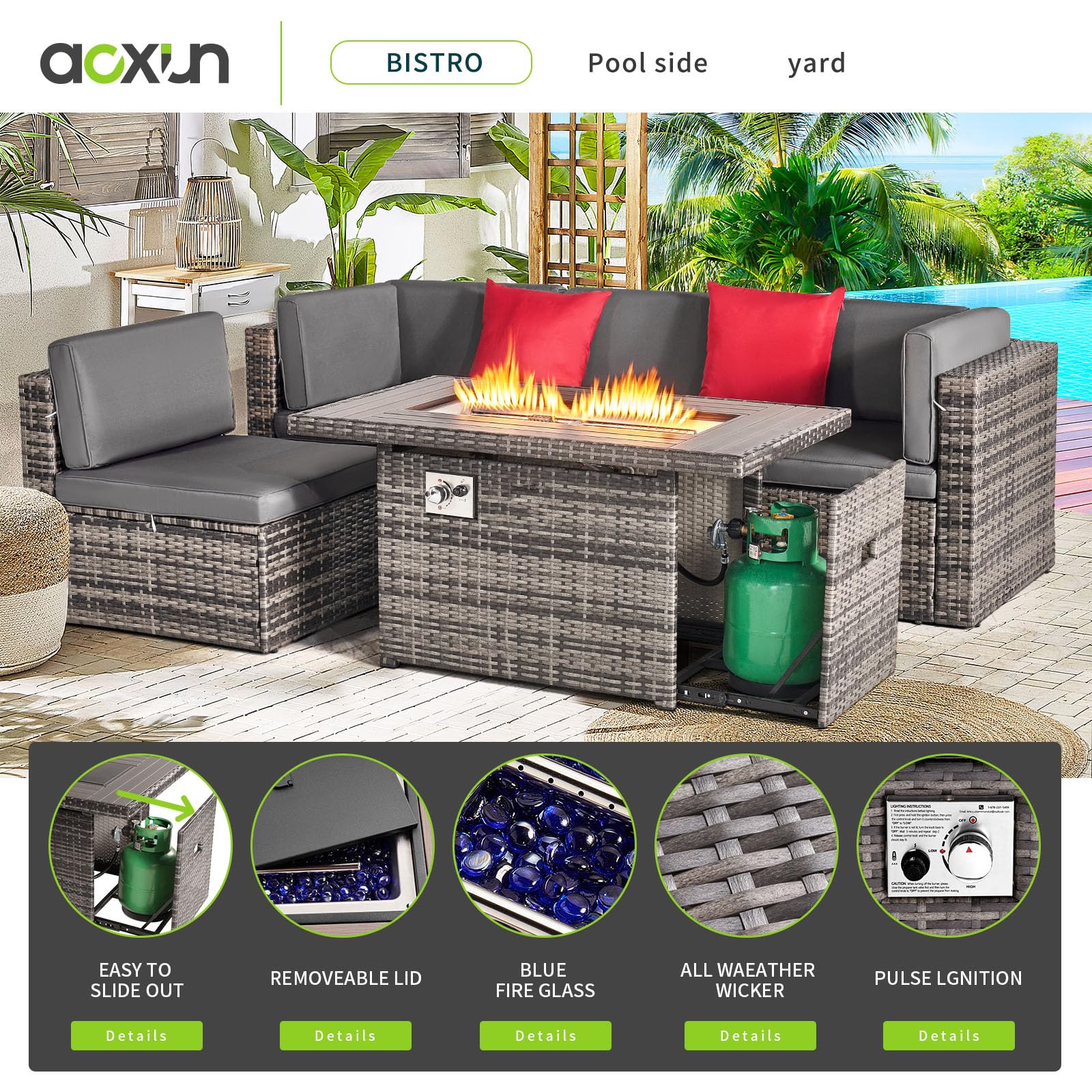 Aoxun 8PCS Patio Furniture Set with 40" Fire Pit Table Outdoor Sectional Sofa Set Wicker Furniture Set with Coffee Table (Grey Wicker)