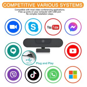 4K Webcam 8MP Ultra HD Live Video Conference Camera with Built-in 4 Microphones 360 Degree Swivel Computer Web Camera with Privacy Shutter and Tripod, USB Webcam for PC Mac Laptop Desktop Computer