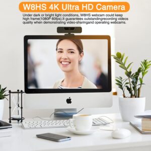 4K Webcam 8MP Ultra HD Live Video Conference Camera with Built-in 4 Microphones 360 Degree Swivel Computer Web Camera with Privacy Shutter and Tripod, USB Webcam for PC Mac Laptop Desktop Computer