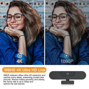 4K Webcam 8MP Ultra HD Live Video Conference Camera with Built-in 4 Microphones 360 Degree Swivel Computer Web Camera with Privacy Shutter and Tripod, USB Webcam for PC Mac Laptop Desktop Computer