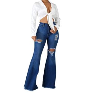 maiyifu-gj women's ripped bell bottom jeans destoryed high waist raw hem flared jean slimming distressed wide leg denim pants (dark blue,large)