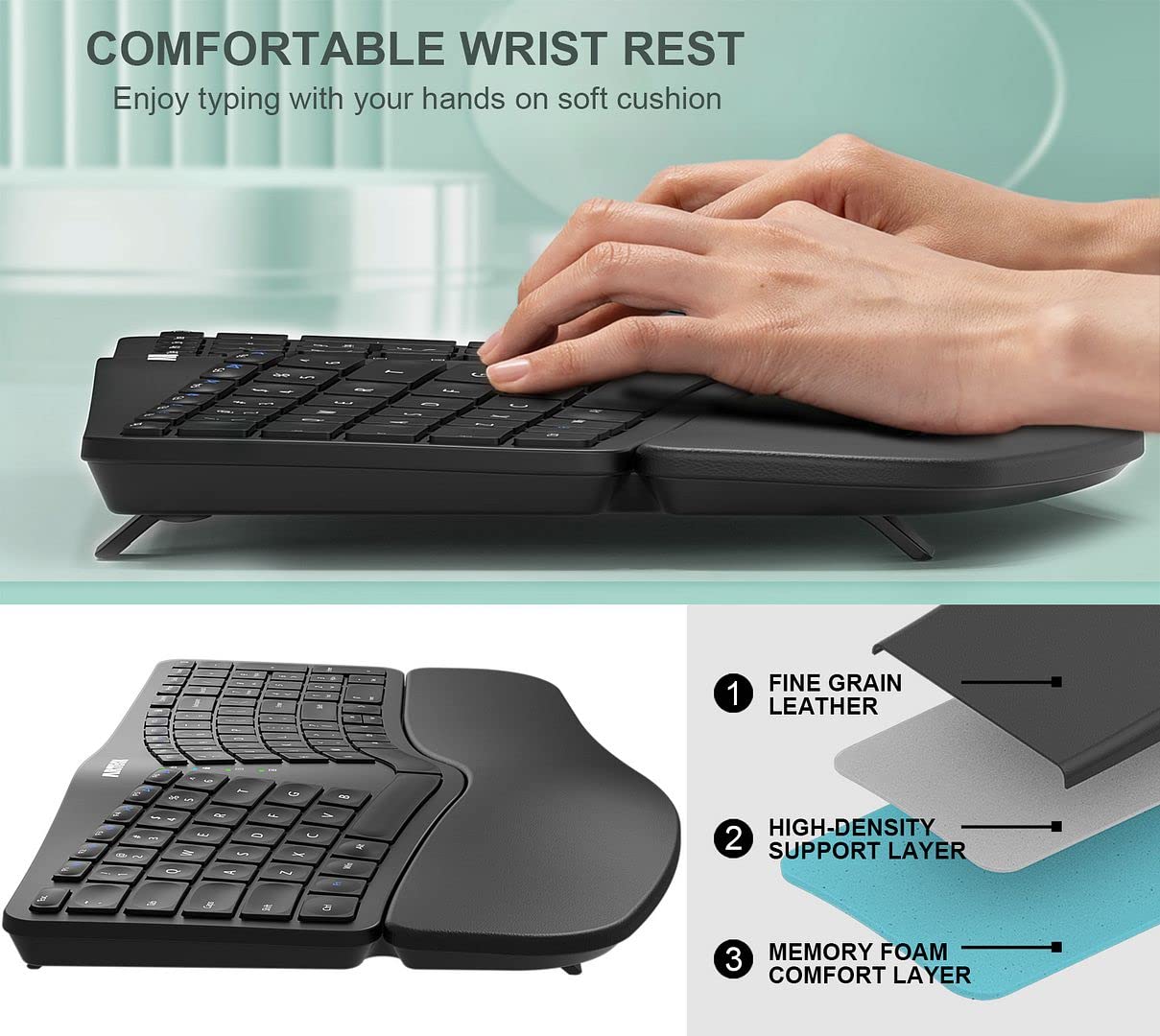 Arteck Split Ergonomic Keyboard with Cushioned Wrist and Palm Rest, 2.4G USB Wireless Comfortable Natural Ergonomic Split Keyboard, for Windows Computer Desktop Laptop