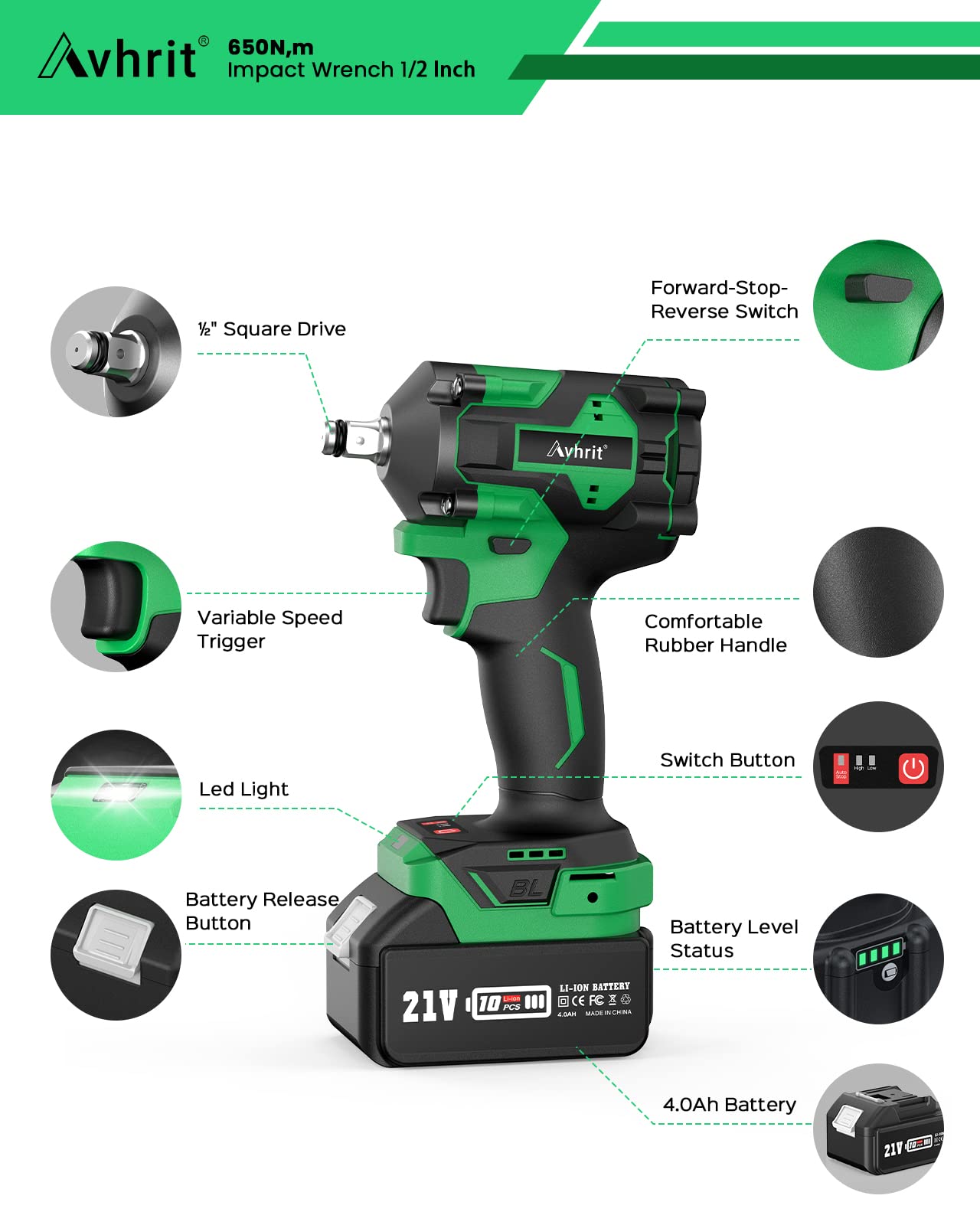 Avhrit Impact Wrench with 2Pcs Batteries, 650Nm/479ft-lbs 1/2, Cordles,s Compact , Brushless, Impact Driver Kit for Car Tires Home