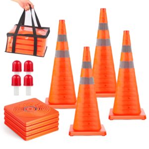 [4 pack] battife 28 inch collapsible traffic cones, multi purpose orange safety cones with reflective collar, for driving practice and road parking