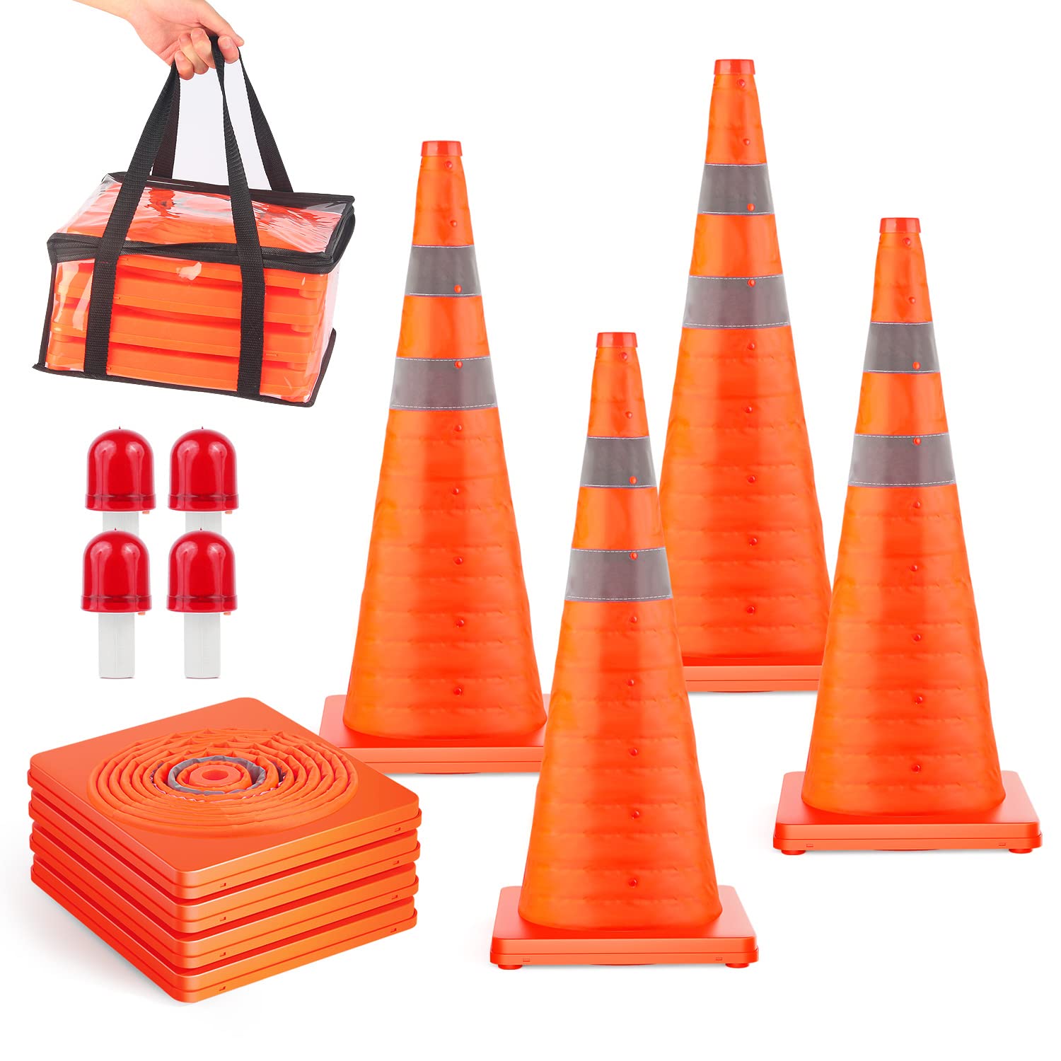 [4 Pack] BATTIFE 28 inch Collapsible Traffic Cones, Multi Purpose Orange Safety Cones with Reflective Collar, for Driving Practice and Road Parking