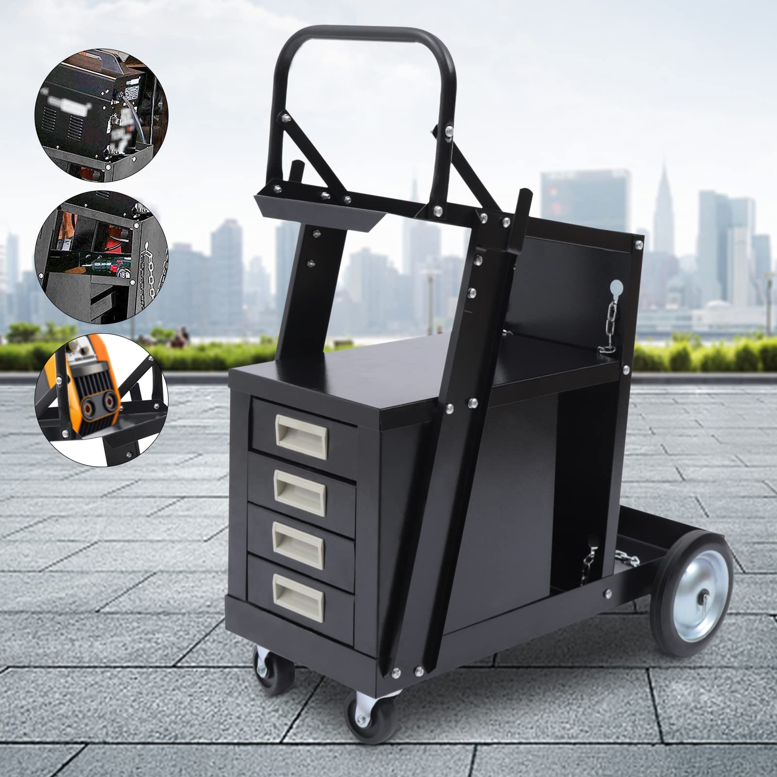 Welding Cart 4 Drawer Cabinet, Portable Rolling Welding Cart Mig Tig Arc Welder Cart Plasma Cutter Tank Storage Heavy Duty Rolling Workshop Organizer with 2 Safety Chains