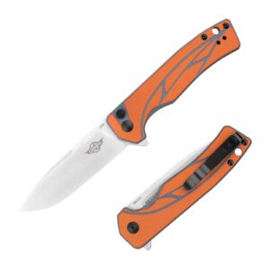 oknife mettle edc pocket knife, 3.24 inch 154cm folding knife with pocket clip, g10 handle flipper knife for hunting, camping and work (orange)