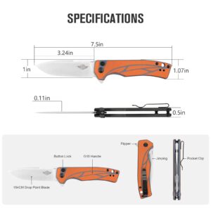 OKNIFE Mettle EDC Pocket Knife, 3.24 inch 154CM Folding Knife with Pocket Clip, G10 Handle Flipper Knife for Hunting, Camping and Work (Orange)