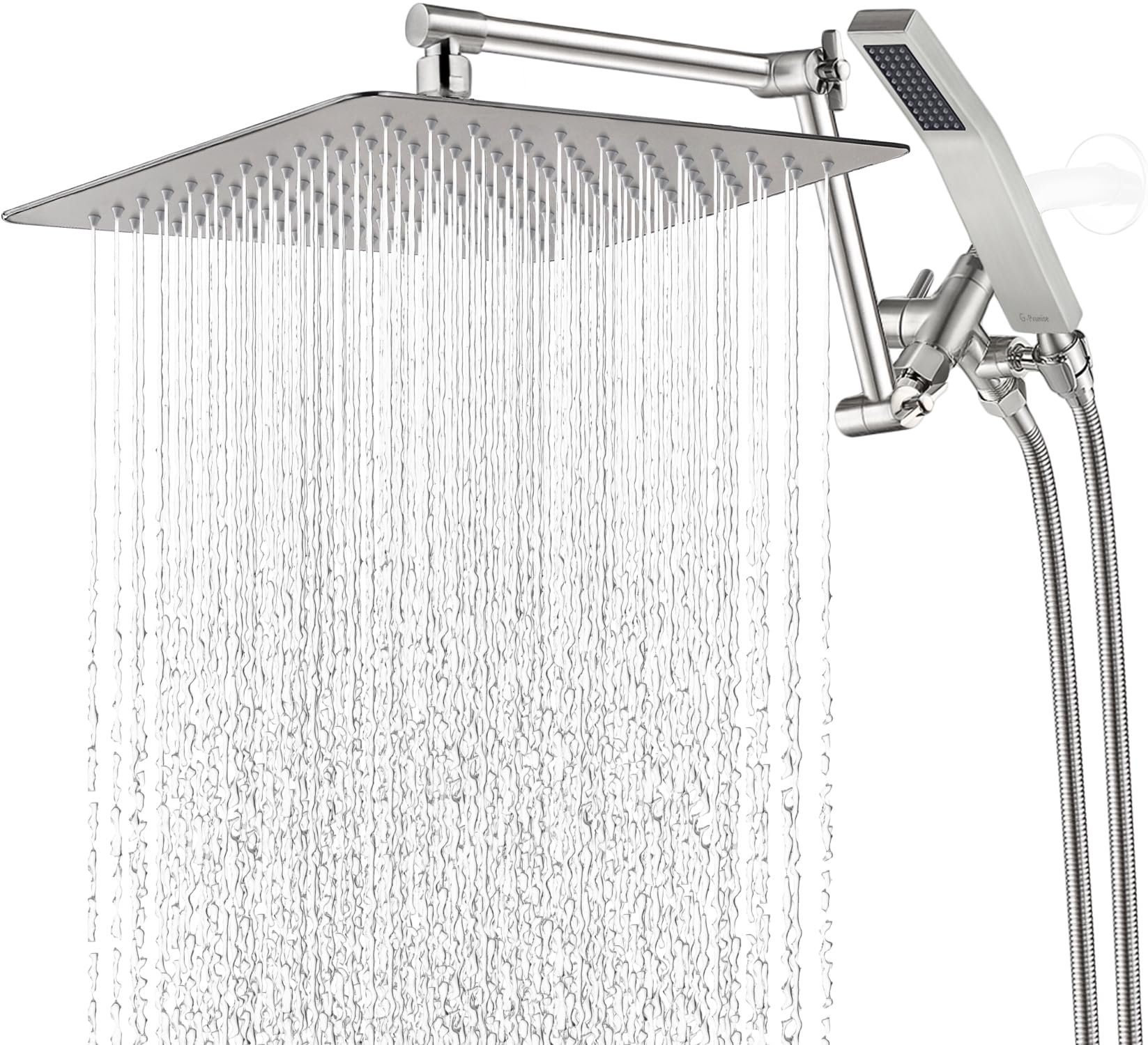 G-Promise All Metal 12 Inch Rainfall Shower Head with Handheld Spray Combo| 3 Settings Diverter|Adjustable Extension Arm with Lock Joints |71 Inches Stainless Steel Hose (Brushed Nickel)